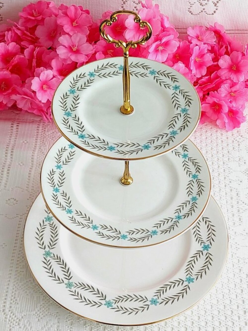 3 Tier Vintage English Bone China Cake Stand Tea Party Wedding Gift